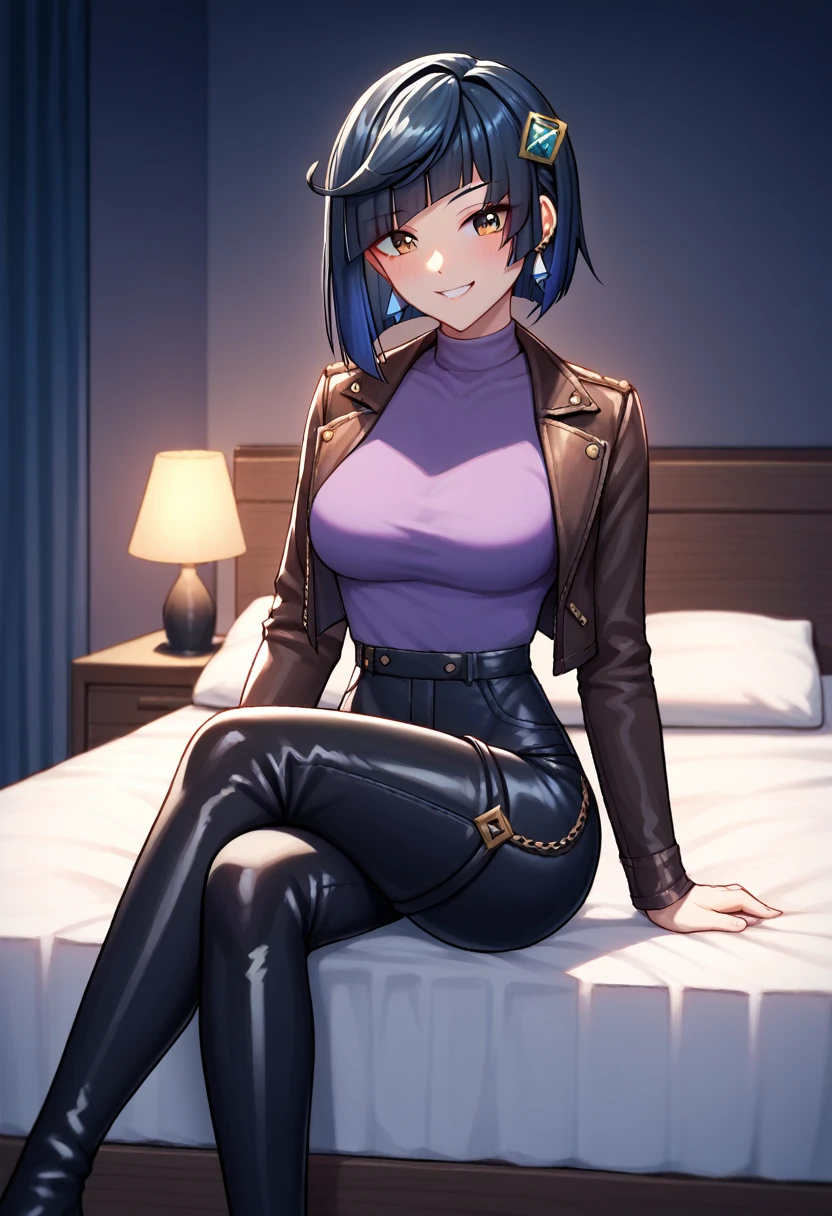 score_9, score_8_up, score_7_up, score_6_up, score_5_up, score_4_up, source_anime, 1girl,yelandef, upper body, smile, blush, dark hair, low dark blue hair, brown eyes, clean hair, leather jacket, purple shirt, leather pants, hairpin, black thigh high boots, crossed legs, evening, room, bed, looking at the viewer, night, best quality, best res, 4K UHD,
 