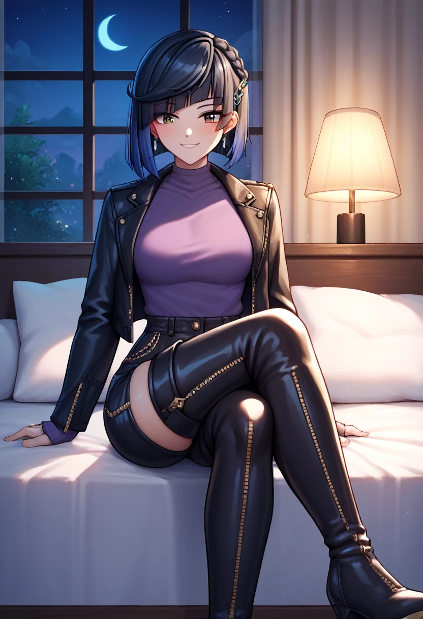 score_9, score_8_up, score_7_up, score_6_up, score_5_up, score_4_up, source_anime, 1girl,yelandef, upper body, smile, blush, dark hair, low dark blue hair, brown eyes, clean hair, leather jacket, purple shirt, leather pants, hairpin, black thigh high boots, crossed legs, evening, room, bed, looking at the viewer, night, best quality, best res, 4K UHD,
 