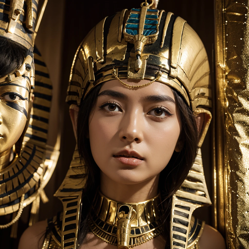 Egyptian Pharaoh、See-through、It's digging in、On all fours、I'm not wearing anything underneath、Full Body Shot、20th Ayaka、NiziU AYAKA、 4K、1People Women、slender、 Loose, wavy styling 、Fascinating and attractive、Including the texture of the face and skin.,Detailed eyes