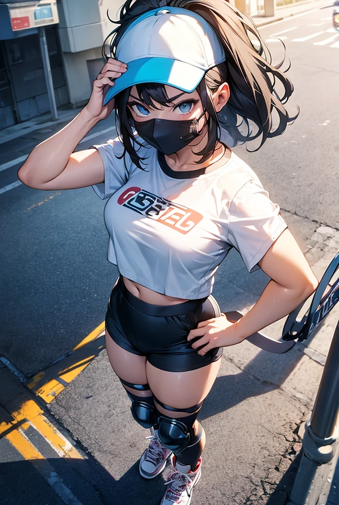 woman, serious expression, short sleeved t-shirt, cap with visor on hip, perspective from above, photo from above, girl with skater knee pads, sneakers, cool pose, epic, wide hips, medium breasts, empty hands, breasts, cap tied on hip, athletic body, sexy, jean shorts, skater knee pads, long sleeved t-shirt, wide hips, athletic butt, sexy, protective knee pads, with mask, face mask, face mask, epic pose, wet clothes, wet t-shirt, bunny backpack,