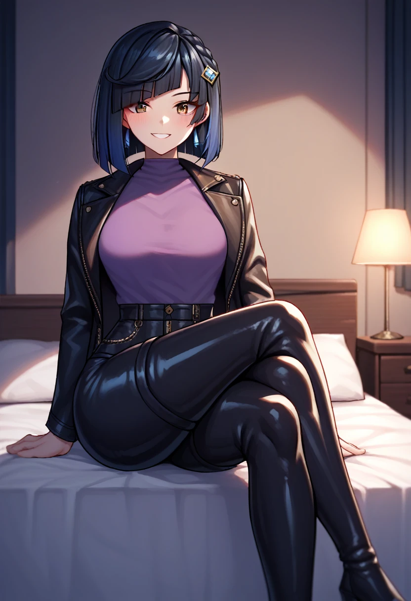 score_9, score_8_up, score_7_up, score_6_up, score_5_up, score_4_up, source_anime, 1girl,yelandef, upper body, smile, blush, dark hair, low dark blue hair, brown eyes, clean hair, leather jacket, purple shirt, leather pants, hairpin, black thigh high boots, crossed legs, evening, room, bed, looking at the viewer, night, best quality, best res, 4K UHD,
 