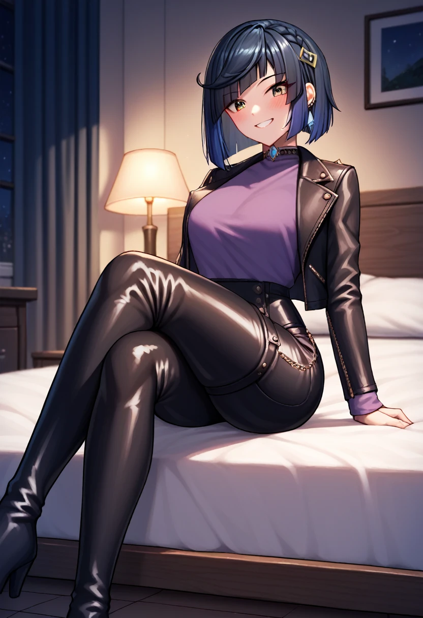 score_9, score_8_up, score_7_up, score_6_up, score_5_up, score_4_up, source_anime, 1girl,yelandef, upper body, smile, blush, dark hair, low dark blue hair, brown eyes, clean hair, leather jacket, purple shirt, leather pants, hairpin, black thigh high boots, crossed legs, evening, room, bed, looking at the viewer, night, best quality, best res, 4K UHD,
 