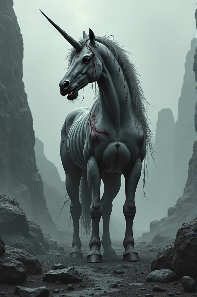 Large tall white Unicorn (angry), (evil), pointed spiraling horn on its head, covered in blood Dripping, blood on the horn head and body, red glowing eyes, snoring out smoke from nose,