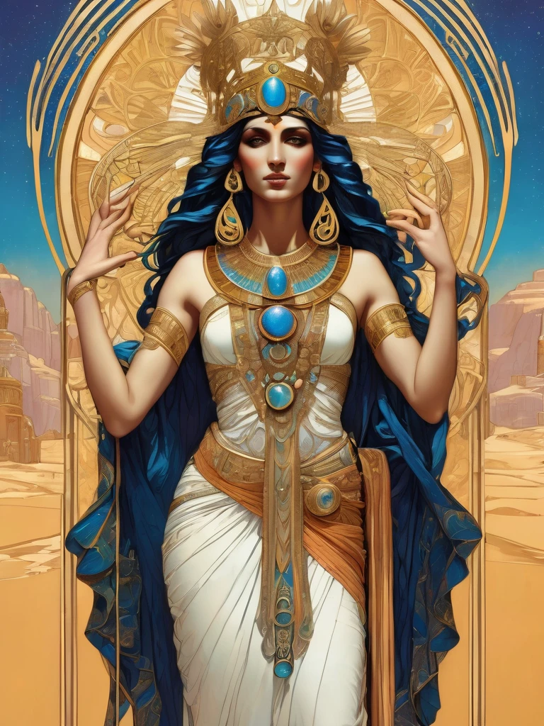 a beautiful goddess isis, egyptian goddess, alphonse mucha style, detailed crown, queenie gesture, ornate headdress, flowing robes, golden skin, piercing eyes, intricate details, ethereal lighting, dreamlike atmosphere, vibrant colors, dramatic pose, masterpiece, 8k , ultra - detailed, photorealistic, cinematic and bright aura