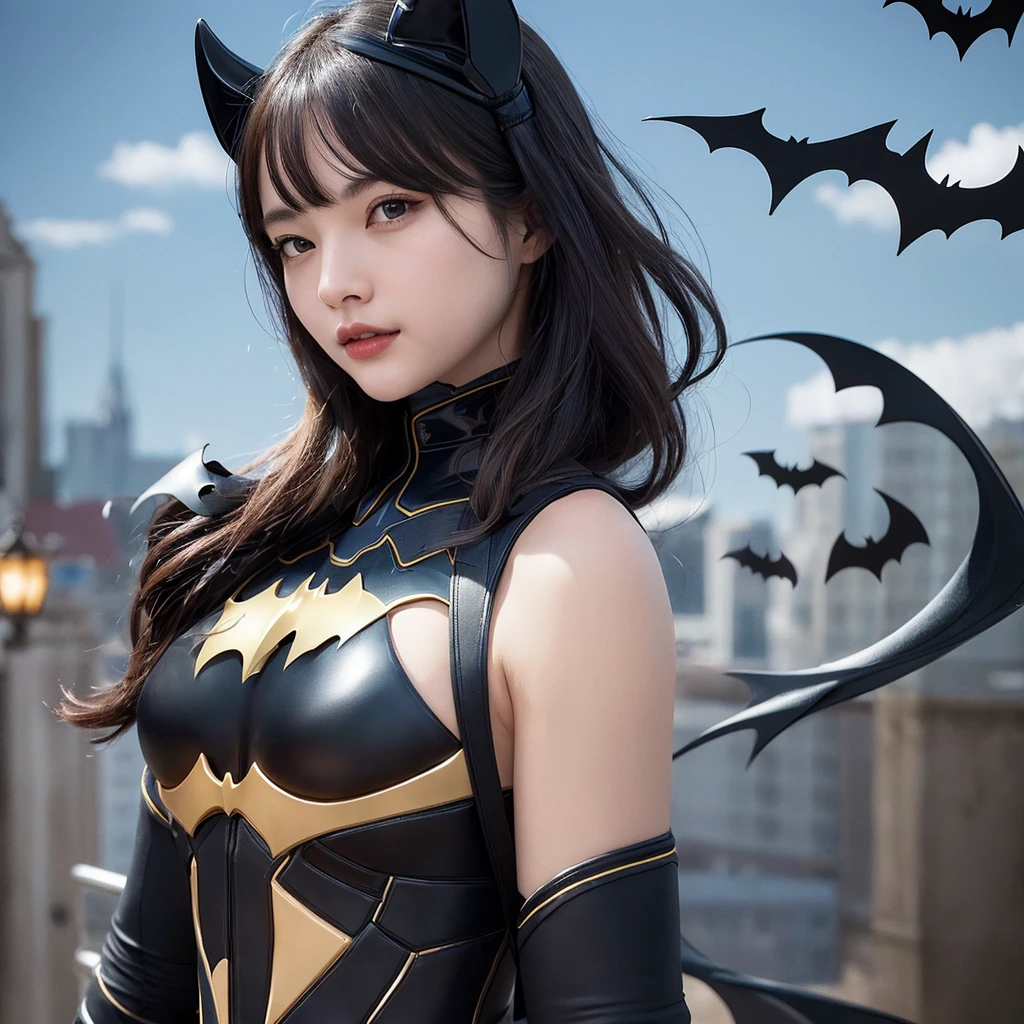 ((best quality)), ((masterpiece)), (detailed), 1girl,Batman&#39;s Suit、(Big Breasts)、Bring your breasts together to emphasize them、Pink nipples、Place your fingers on your nipples、Cute Japanese、woman