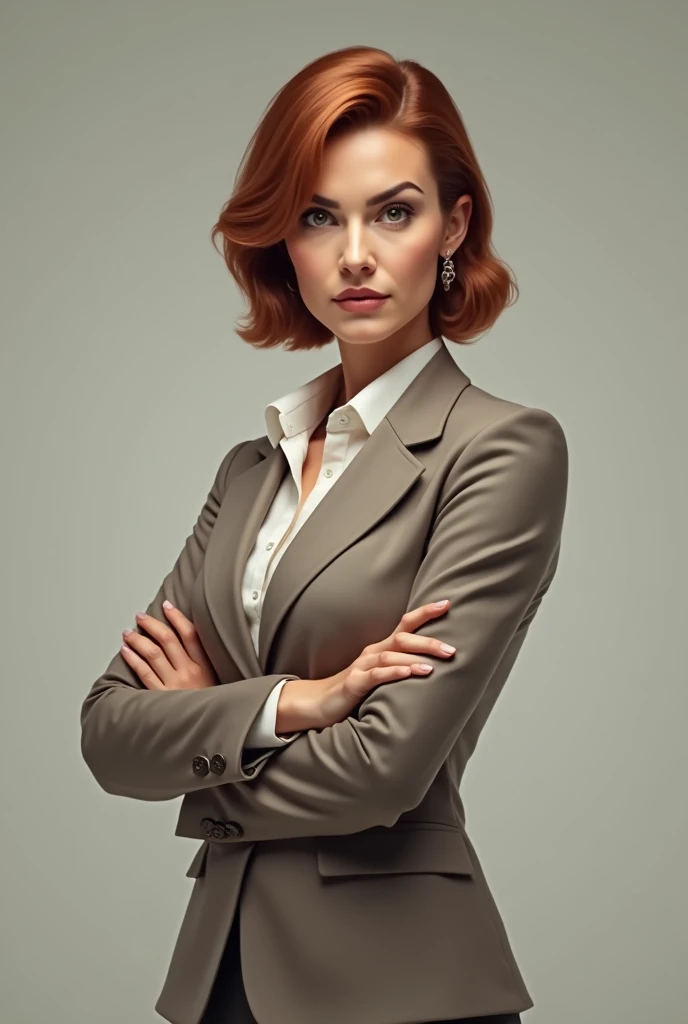 Create an image of a woman in her 45s with coppery brown hair and a blazer, and arms crossed as if looking at someone!
