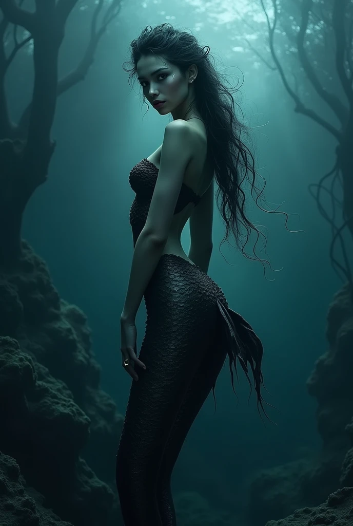 create an image of a killer mermaid with hair with several pearls