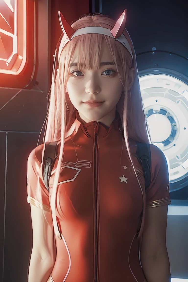 dynamic angle,ultra-detailed, illustration, straight on, 1girl, ((Zero two, interface headband with a pair of horns, red bodysuit:1.4, pink hair)), Her eyes shone like dreamy stars,(glowing eyes:1.233),(beautiful and detailed eyes:1.1),(expressionless, closed mouth),(standing), (mechanic room with tools and spaceship window in a white SPACESHIP), (night:1.2), dreamy, [[delicate fingers and hands:0.55]::0.85],(detail fingers), smirk,