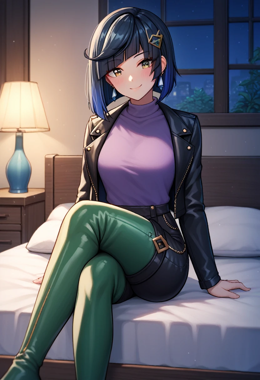 score_9, score_8_up, score_7_up, score_6_up, score_5_up, score_4_up, source_anime, 1girl,yelandef, upper body, smile, blush, dark hair, low dark blue hair, brown eyes, clean hair, leather jacket, purple shirt, leather pants, hairpin, green thigh high boots, crossed legs, evening, room, bed, looking at the viewer, night, best quality, best res, 4K UHD,
 