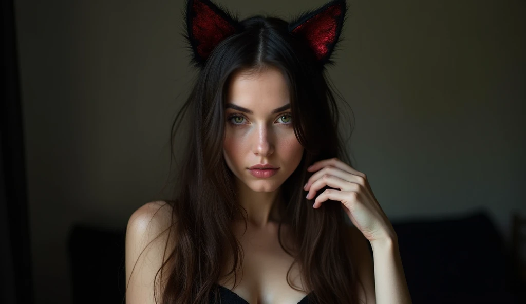 a naked 18 years old woman wearing a tail and cat ears biting her lower lip