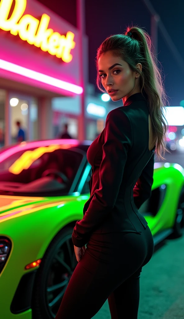 (canon 50),(Rendered by Octane),8k,, cinematic brilliance, A stunning blonde woman with a voluptuous body, with green shorts, short curly hair and green eyes, your makeup shining to highlight your eyes. She wears a lot of makeup. She has medium breasts and is dressed in a crop top and a short skirt.. She is holding a futuristic car with her right hand., while her left hand holds her hair back. She is giving a sarcastic smile, and her buttocks are prominently facing the camera, as she looks directly into the lens. The background features a cityscape illuminated by LED lights and Blade Runner-style holograms., with a low fog.