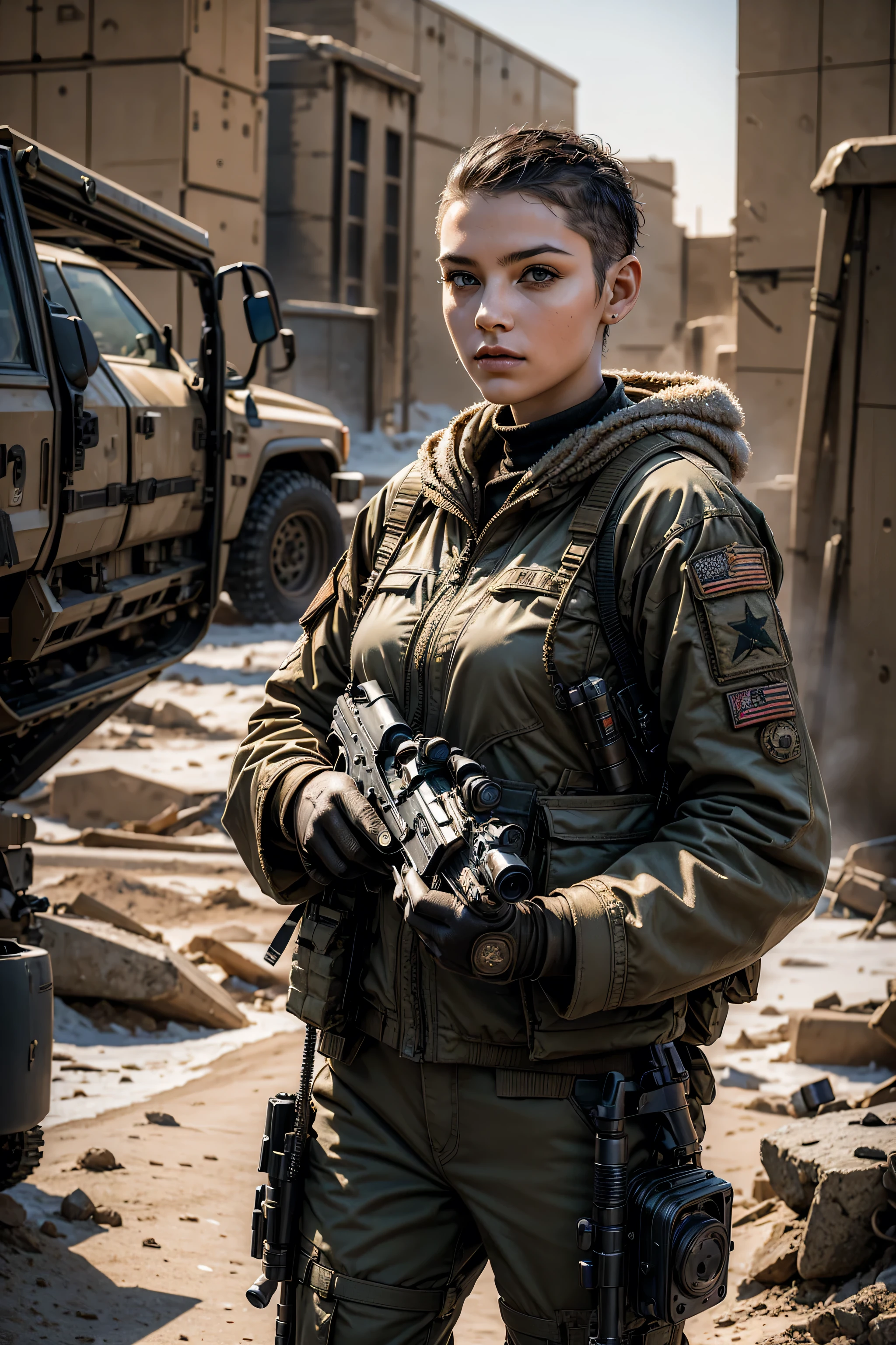 (masterpiece, photorealistic:1.37, best detail, award winning), 1girl, realistic, military style shaved hair, pistol, winter, desert urban battlefield, day