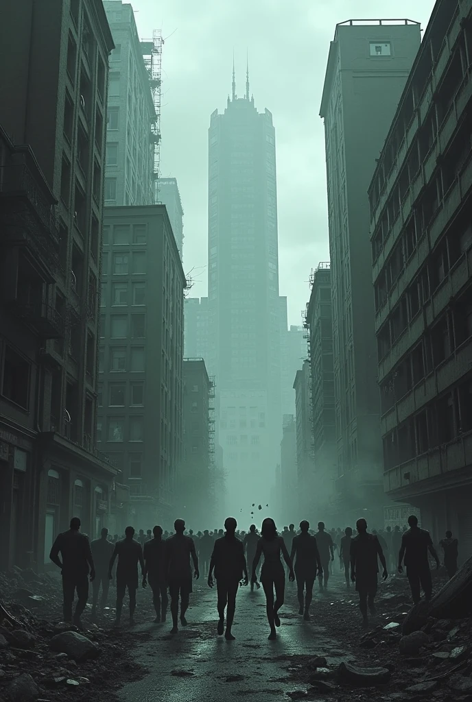 1000 zombie running crowded at klcc,tilt shift photography,cinematic,highly detailed,photorealistic,8k,masterpiece,upper view. Drone footage. best quality,professional,cinematic lighting,moody atmosphere,dramatic shadows,surreal,apocalyptic,dark fantasy,subtle color palette,muted tones,grungy,eerie,unsettling,horror,dystopian