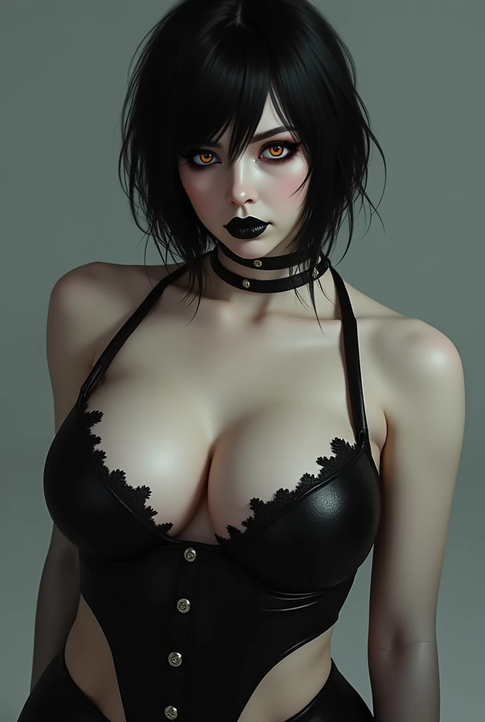 20-year-old woman ,perfect asymmetrical face and detailed eyes 3D slender figure big oppais long hair, pose sexy , lenceria, y mirando al espectador, imagen perfecta para wallpaper fanart, gothic makeup voluminous and red lips