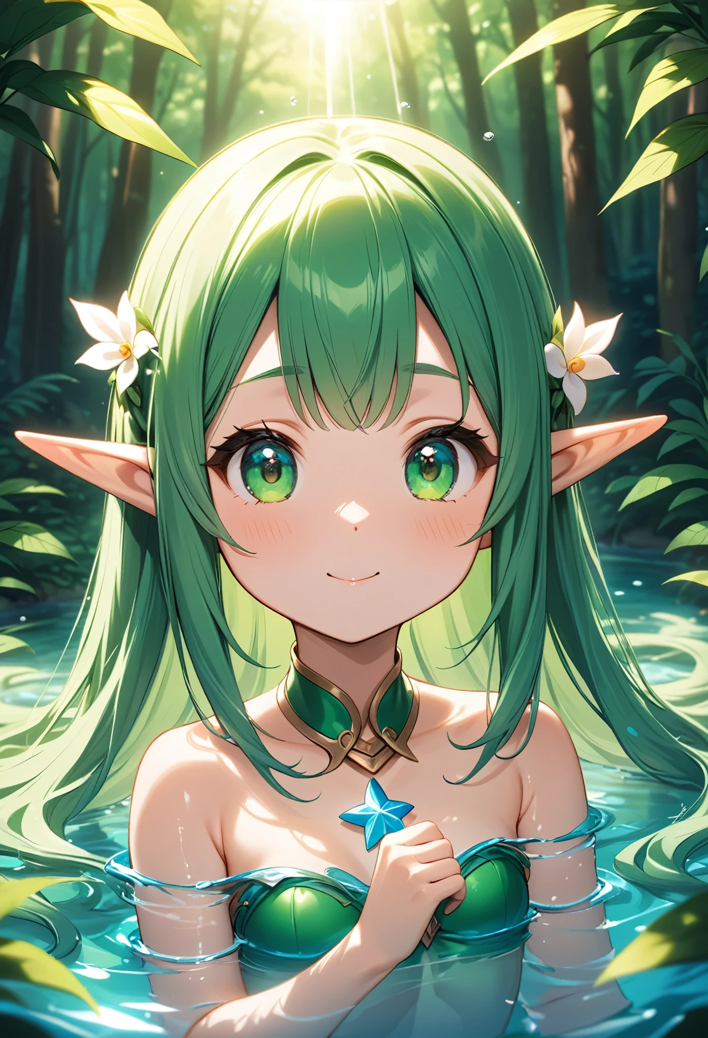 Young Girl、Very cute、Small breasts、Slender Body、Bright green long hair、Elf Ears、In the lush forest、Swimming in beautiful water、The light is shining、Cheerful pose、