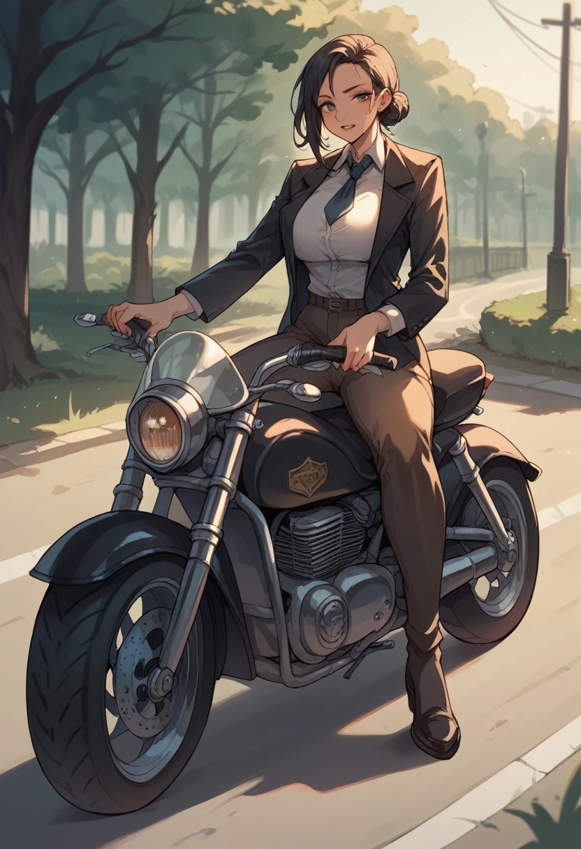 Hot busty women wearing  suit riding motorcycle 