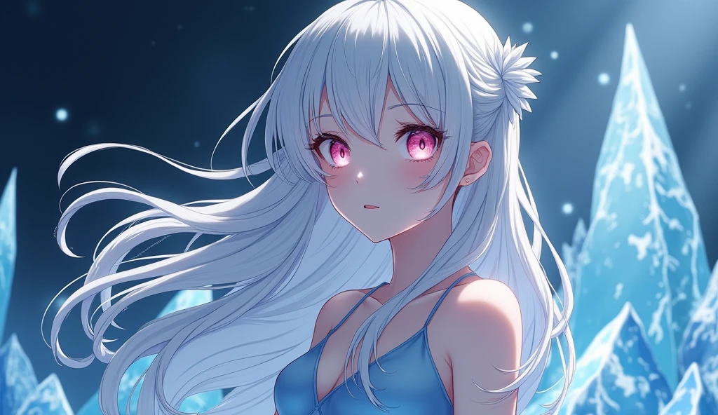 1 girl, white hair, , blue eyes, fair skin, big breast, pink, nude