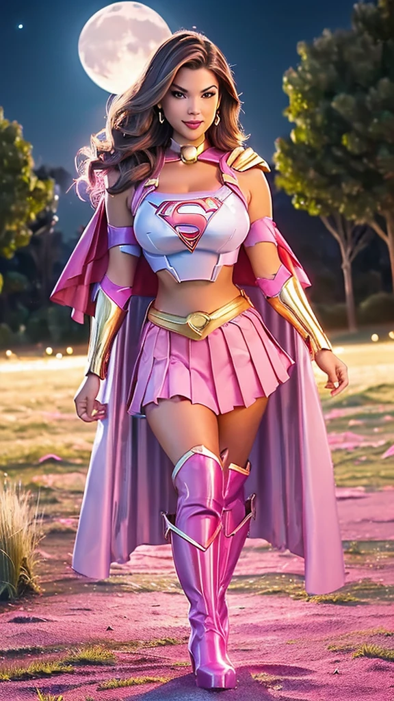 donnatroy, DisneyAurora, full body view Beautiful woman(((Taylor Swift:Selena Gomez:0.8))) (((shoulder length wavy brunette hair, hair pulled back))) defined body, sexy, Red lipstick, hands free swinging , mouth slightly open, smiling, parading towards viewer, ((( tight blue shining top of SUPERGIRL, gold belt, pink pleated skirt, pink boots, flowing pink cape, mecha ))), (((moonlit grassy field at night))), (large_breasts:1.2) (curvy:1.2) (Chubby:1.2)