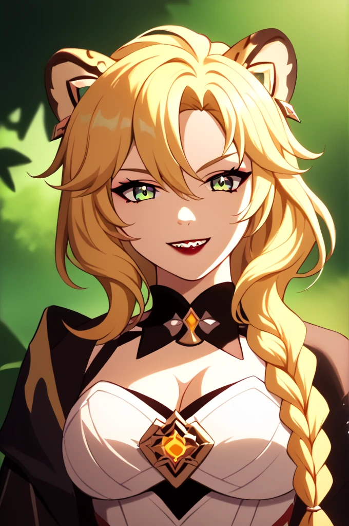 score_9,score_8_up,core_7_up, 1girl, Xilonen (Genshin Impact), leopard ears, sharp teeth, blonde hair, braid, breasts, cleavage, pale skin, green eyes, grin, hair between eyes, head tilt, long wave hair, looking at viewer, red lips, smile, solo, upper body, looking at viewer, She standing in the rainforest, savannah on background, (ultra-high detail:1.2), Masterpiece, Best Quality, Ultra-detailed, Cinematic lighting, delicate features, Highest Quality, (Solo Focus), (extremly intricate:1.3), (Realistic), masterful, Analog style, anime style, full-length, glow, eye shadow, 1girl, fine face, outdoors,
