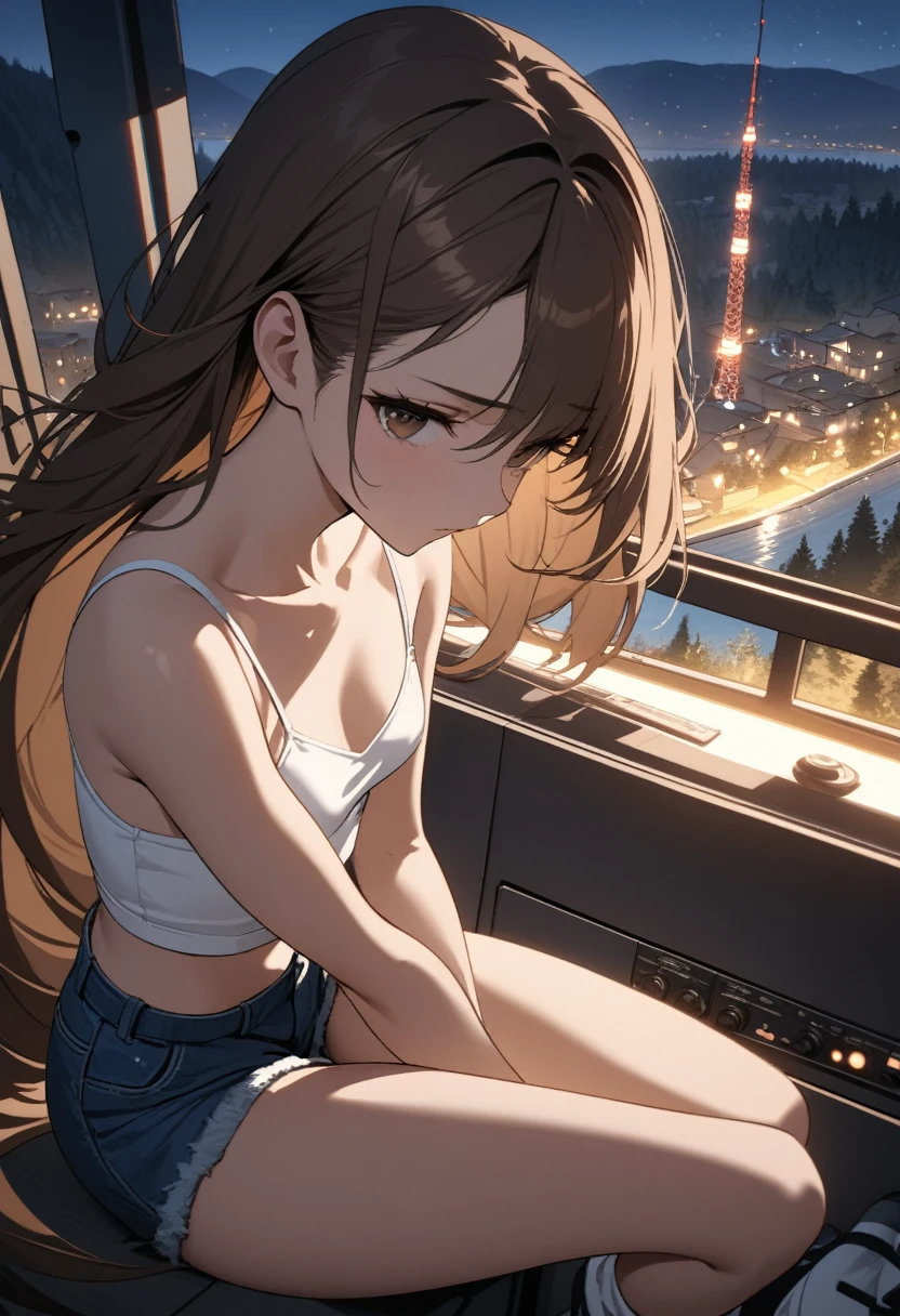 soles, masterpiece, 1 person, solo,Asuka Langley,  hair inhalation, face up, blue sky, glow white particle, (sidelighting:1.2), sun rise , pink cloud, detailed clouds, slender, Lovely small exposed , super cute smile with teeth, red cheek, blushing, beautiful hair, deep shiny blue eyes, cute girly pause, Draw  inward and push them up, cleavage, choker, pink see-through blouse , blue tie, blue red with naughty white frills , white belt, on the roof of building, super detailed beautiful city view background, wide shot, full shot