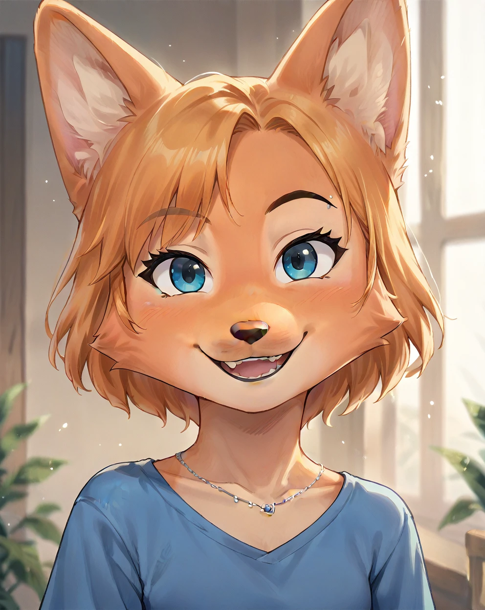 little fox, kid girlfox, blonde hair, ginger fur, blue eyes, cute kid, alone, face similar to Diane Foxington, kid, short hair, open mounth, happy, alone