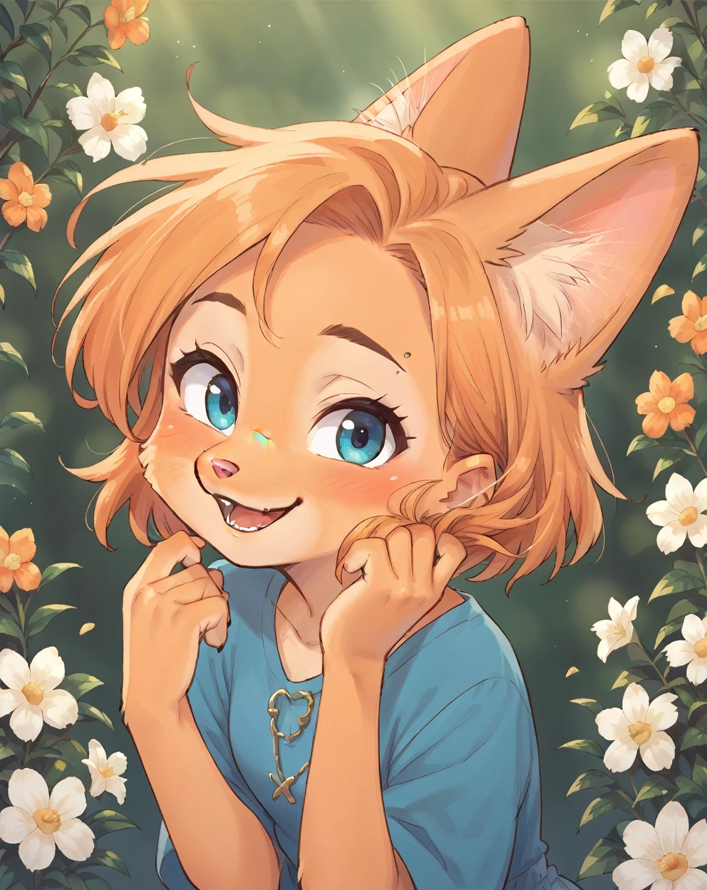 little fox, kid girlfox, blonde hair, ginger fur, blue eyes, cute kid, alone, face similar to Diane Foxington, kid, short hair, open mounth, happy, alone