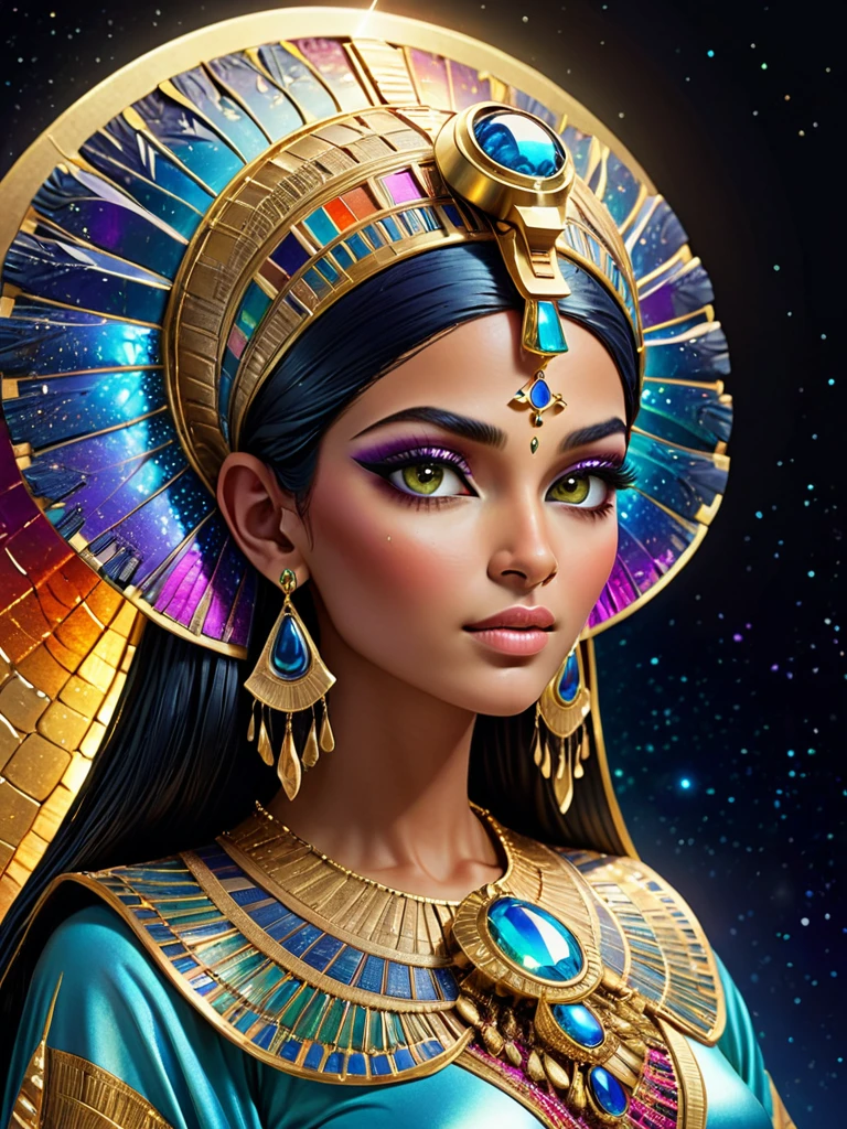 Beautiful Egyptian goddess, expressive face, detailed, piercing eyes, bold makeup, Her ornate headdress, a masterpiece of intricate detail, shines like the brightest star in a vibrant night sky. Iridescent, delicate, flowing golden tunics and robes cascade over her sculptural form, as if woven from the very fabric of a dream.  Intricate and detailed flutters, ethereal, dreamlike lighting, vibrant cosmic background in rainbow color hues, in dramatic poses, 8k, masterpiece, detailed, photo realistic, breathtaking image, cinematic, HDR.