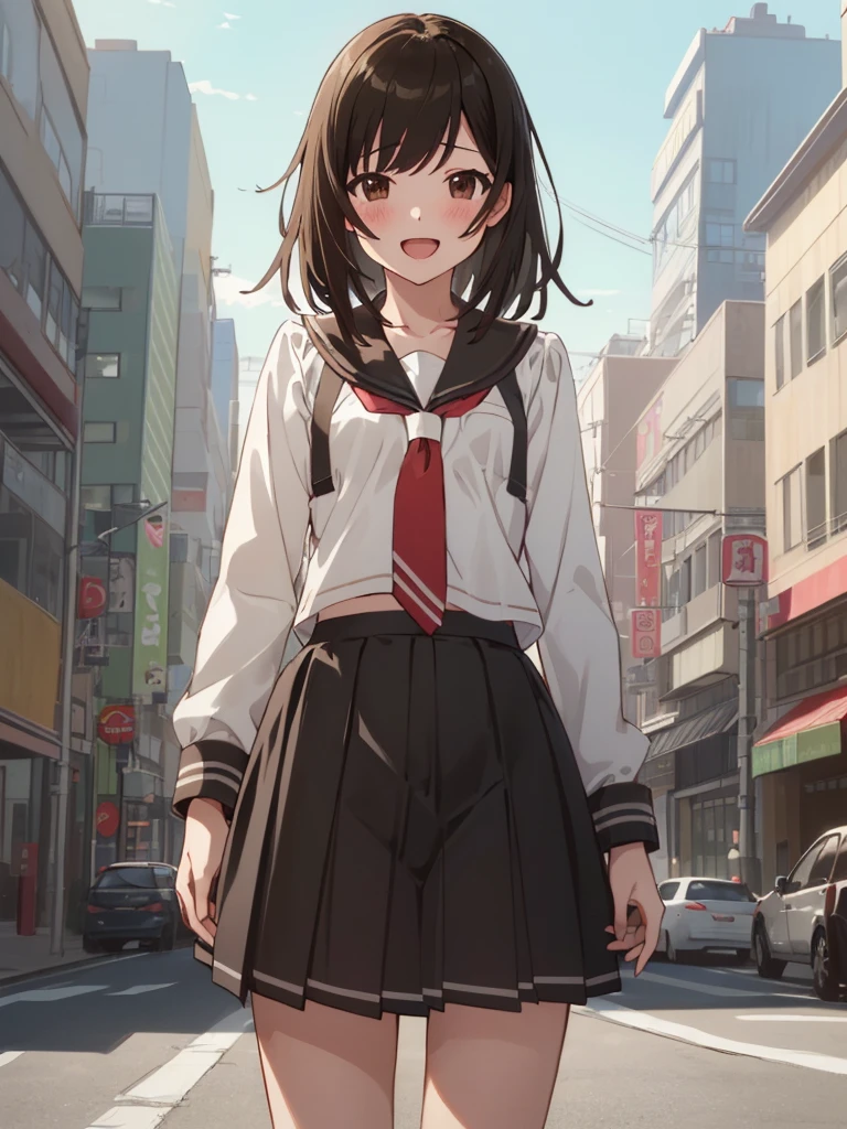 (((masterpiece))), (((best quality))), ((ultra-detailed)), (illustration), (detailed light),((an extremely delicate and beautiful),baby face,petite, famale slender, outdoor, city,public, from below, cowboy shot, looking at viewer, nfsw shy, blush, nude, standing , 1girl ,flat chest, nadeko01, medium hair, brown hair, brown eyes, bangs, blunt bangs,  blunt bangs, skirt, collarbone, school uniform, serafuku, long sleeves, necktie,smile,open mouth,bottomless,pussy line,