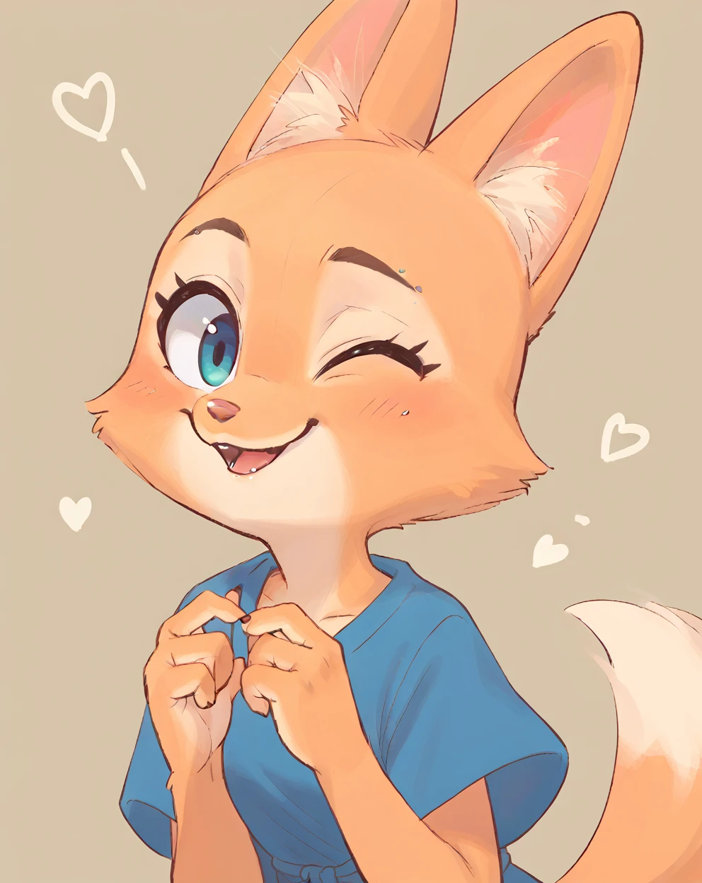 little fox, kid girlfox, blonde hair, ginger fur, blue eyes, cute kid, alone, face similar to Diane Foxington, kid, short hair, open mounth, happy, alone