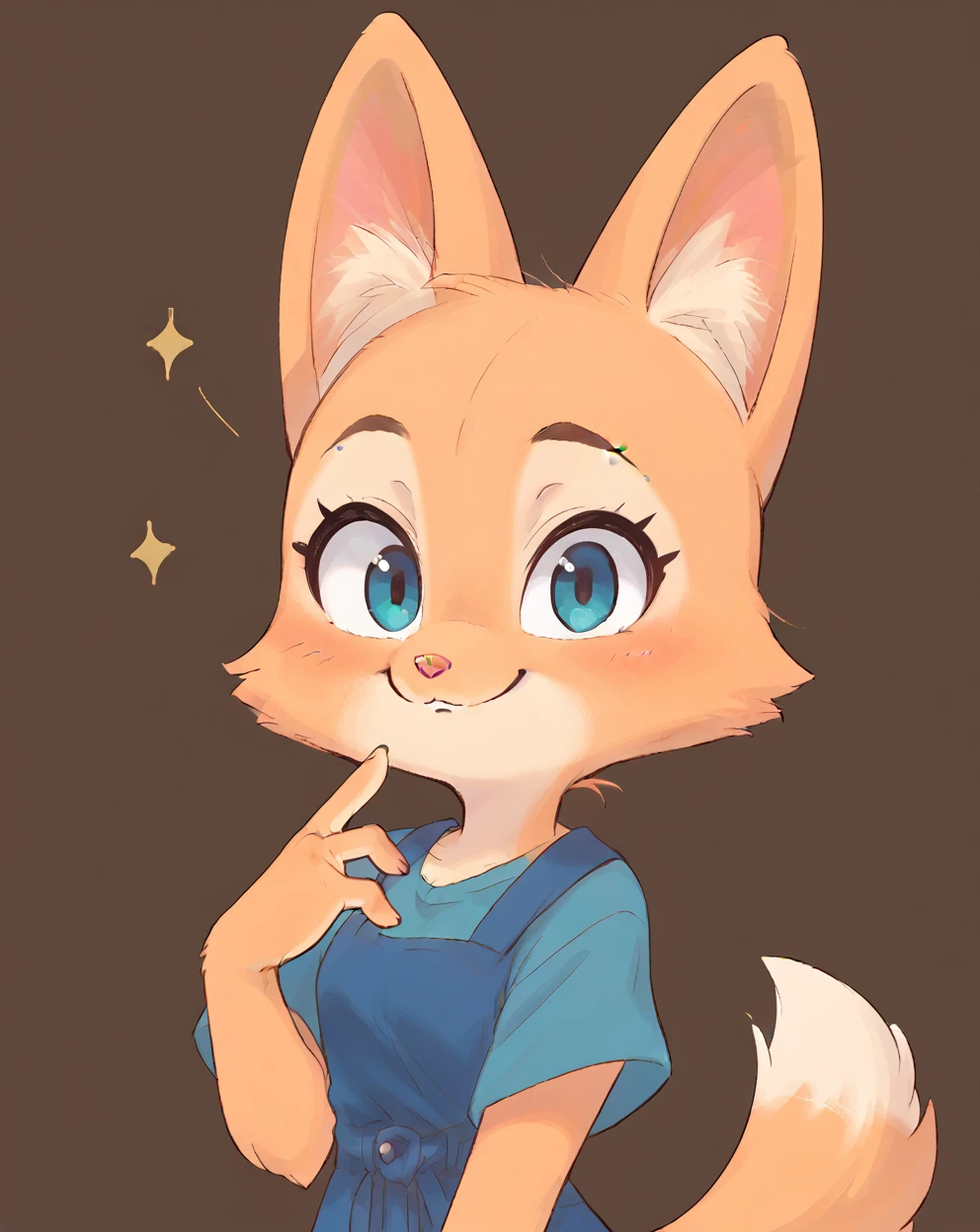 little fox, kid girlfox, blonde hair, ginger fur, blue eyes, cute kid, alone, face similar to Diane Foxington, kid, short hair, open mounth, happy, alone