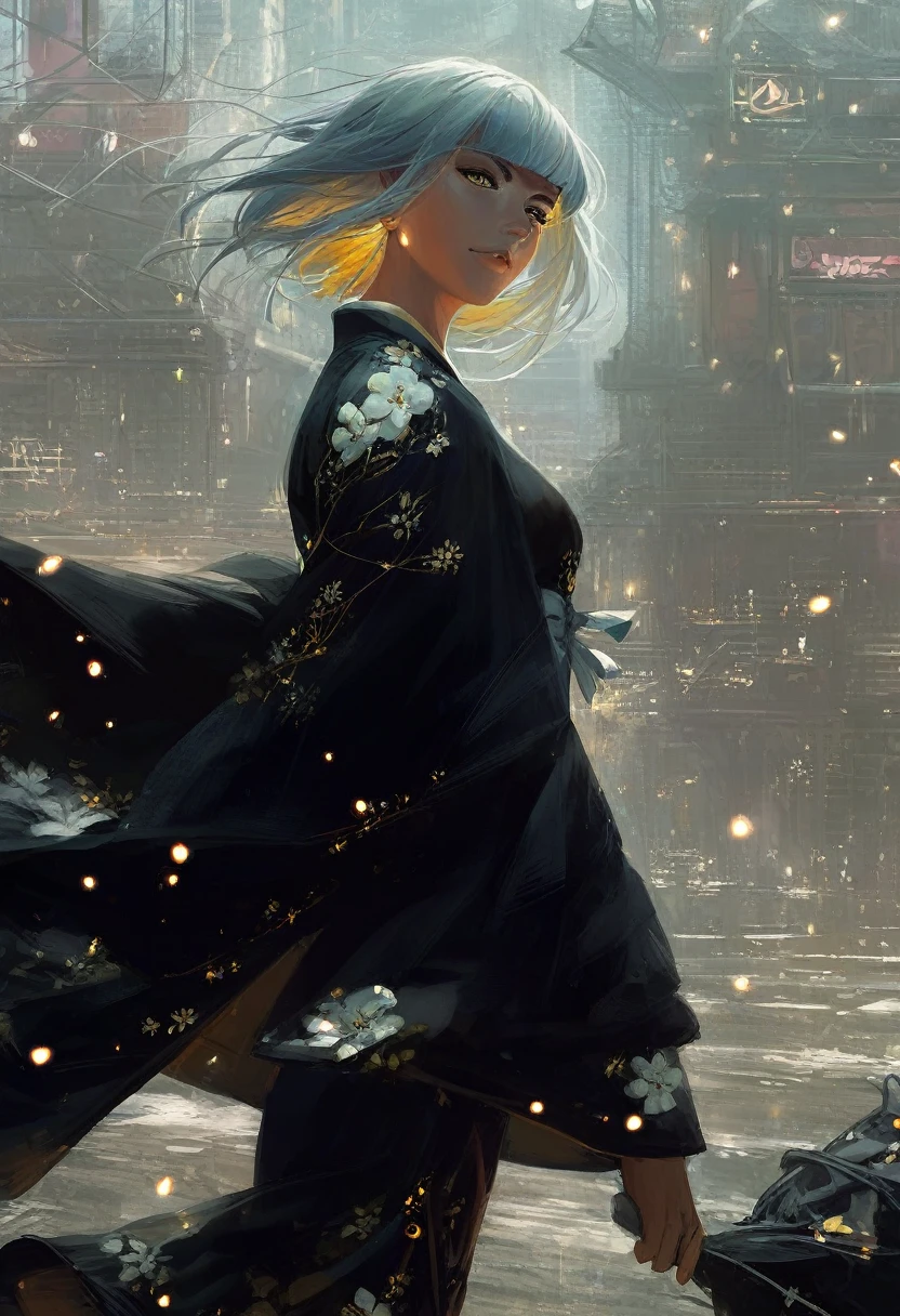 score_9, score_8_up, score_7_up, score_6_up, best aesthetic, Arcane, 1girl, black Kimono, floral golden patterns, blunt bangs, bob cut, white hair, yellow eyes, elegant, sophisticated, , concept art, city in background, great use of color theory, blue and green colors, particles flying, dark, nighttime,
