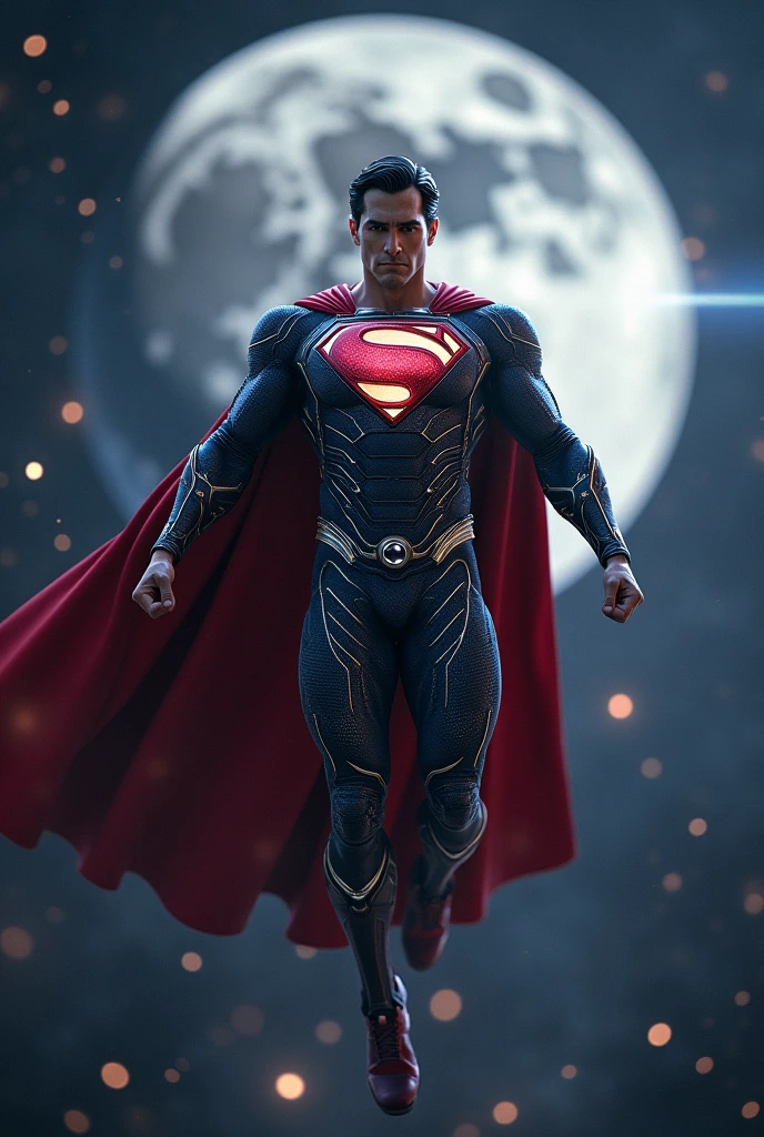 Close a powerful threat, Superman's Imposing Appearance, menacing stare, ricamente detalhado, Hiper realista, 3D-rendering, obra-prima, NVIDIA, RTX, ray-traced, Bokeh, Night sky with a huge and beautiful full moon, estrelas brilhando,