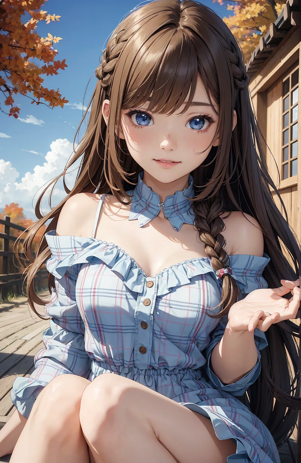 ((Highest quality)), ((High resolution)), ((masterpiece)), (detailed),
View your audience, Cowboy Shot, Written boundary depth, Anatomically correct, １people, female, Perfect Face, Cute and symmetrical face, Shiny skin,
(Long Hair, Braided Hair, Chestnut Hair), Blue eyes, Long eyelashes, (Big Breasts:1.1),
Beautiful details, Beautiful Hair, Beautiful Face, Beautiful clavicle, Beautiful body, Beautiful breasts, Beautiful thighs, Beautiful feet,
(Dale, Delicate embroidery),
(Beautiful views), grassland, gel, (Cute Smile),