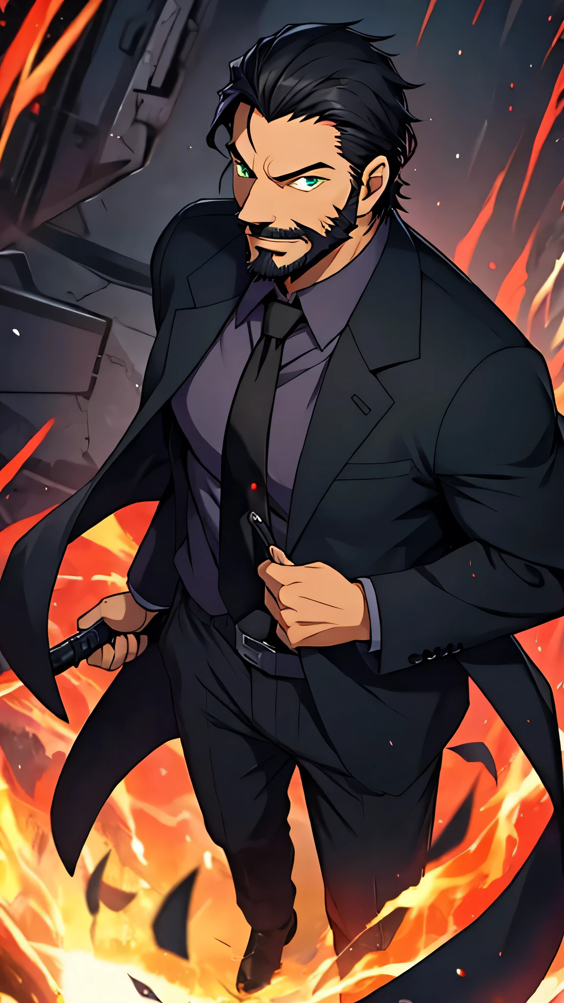 1male, solo,black hair, green eye, black suit, red necktie, black beard, father,focus,