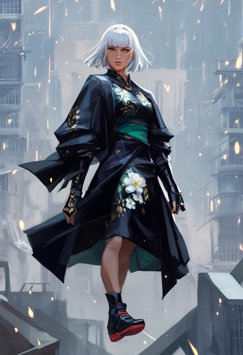 score_9, score_8_up, score_7_up, score_6_up, best aesthetic, Arcane, 1girl, black Kimono, floral golden patterns, blunt bangs, bob cut, white hair, yellow eyes, elegant, sophisticated, , concept art, city in background, great use of color theory, blue and green colors, particles flying, dark, nighttime,
