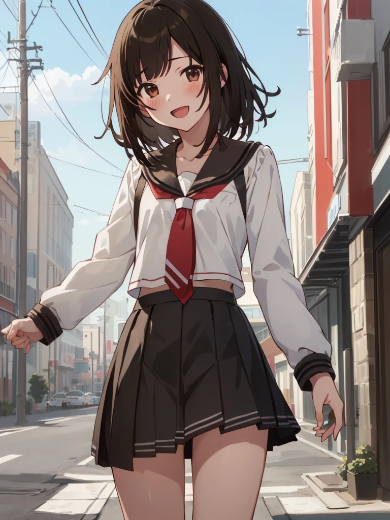 (((masterpiece))), (((best quality))), ((ultra-detailed)), (illustration), (detailed light),((an extremely delicate and beautiful),,petite, fle slender, outdoor, city,public, from below, cowboy shot, looking at viewer, nfsw shy, blush, nude, standing , 1girl ,flat chest, nadeko01, medium hair, brown hair, brown eyes, bangs, blunt bangs,  blunt bangs, skirt, collarbone, school uniform, serafuku, long sleeves, necktie,smile,open mouth,skirt lift,pussy line,