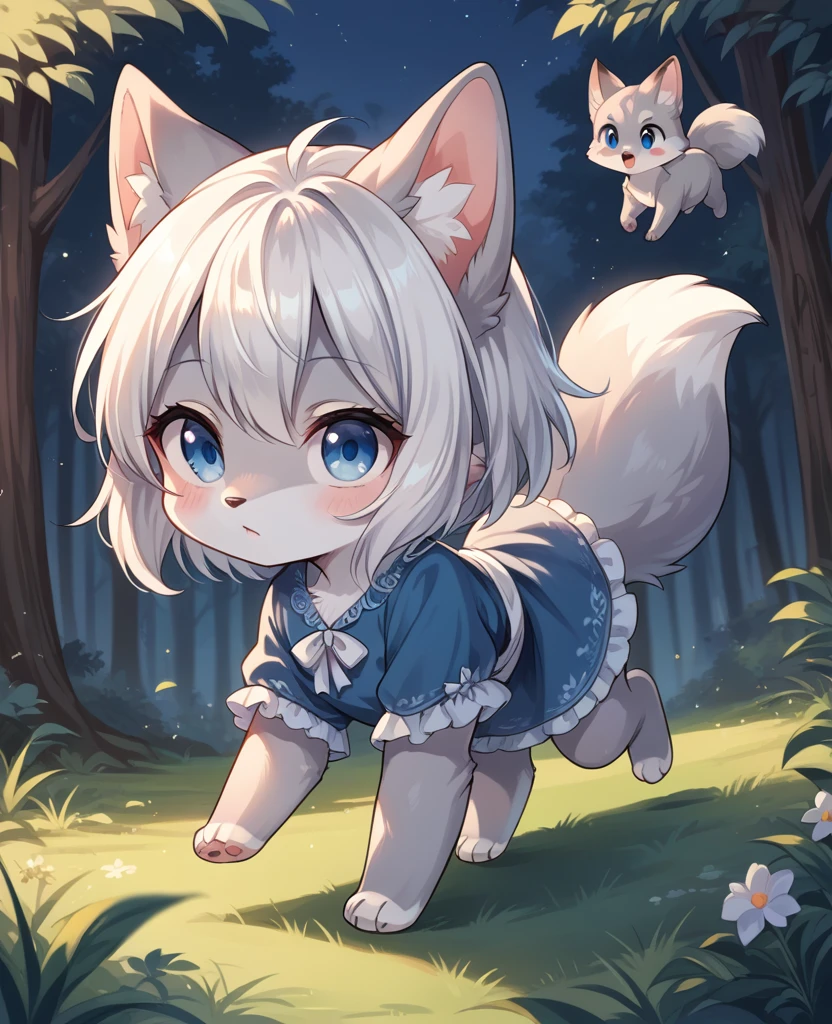  fox, feral, gray fur, silver fur, blue eyes, white hair, girl, blue dress, cute fox, cub, running in all fours on the forest, night, chibi