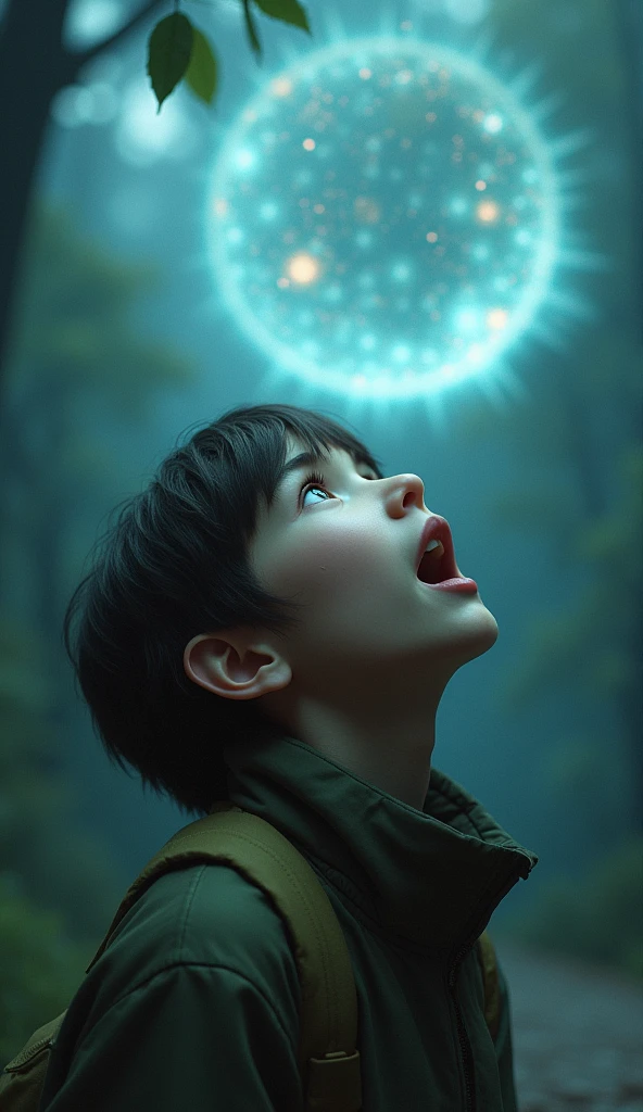 Create a picture of a brown-haired, blue-eyed boy with ghosts around him 