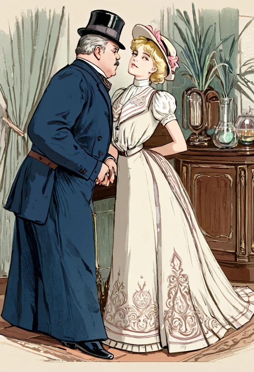 portrait of (((a small gorgeous well-endowed 14yo blonde bimbo fucked by her large elderly overweight 69yo suitor))) in the parlor, art nouveau drawing. Year 1901. 1900_dr3ss. Girl wearing a fashionable Edwardian dress and hat, hourglass figure. 1girl, 1man. NSFW. Clothed sex, non nude