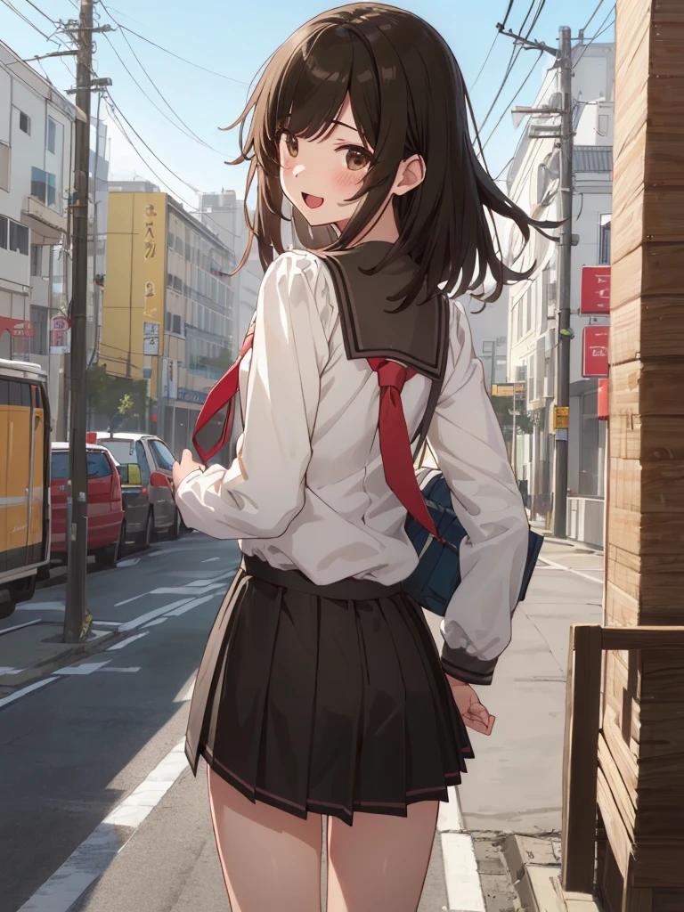 (((masterpiece))), (((best quality))), ((ultra-detailed)), (illustration), (detailed light),((an extremely delicate and beautiful),baby face,petite, famale slender, outdoor, city,public, from behind, cowboy shot, looking at viewer, nfsw shy, blush, nude, standing , 1girl ,flat chest, nadeko01, medium hair, brown hair, brown eyes, bangs, blunt bangs,  blunt bangs, skirt, collarbone, school uniform, serafuku, long sleeves, necktie,smile,open mouth,skirt lift,pussy line,