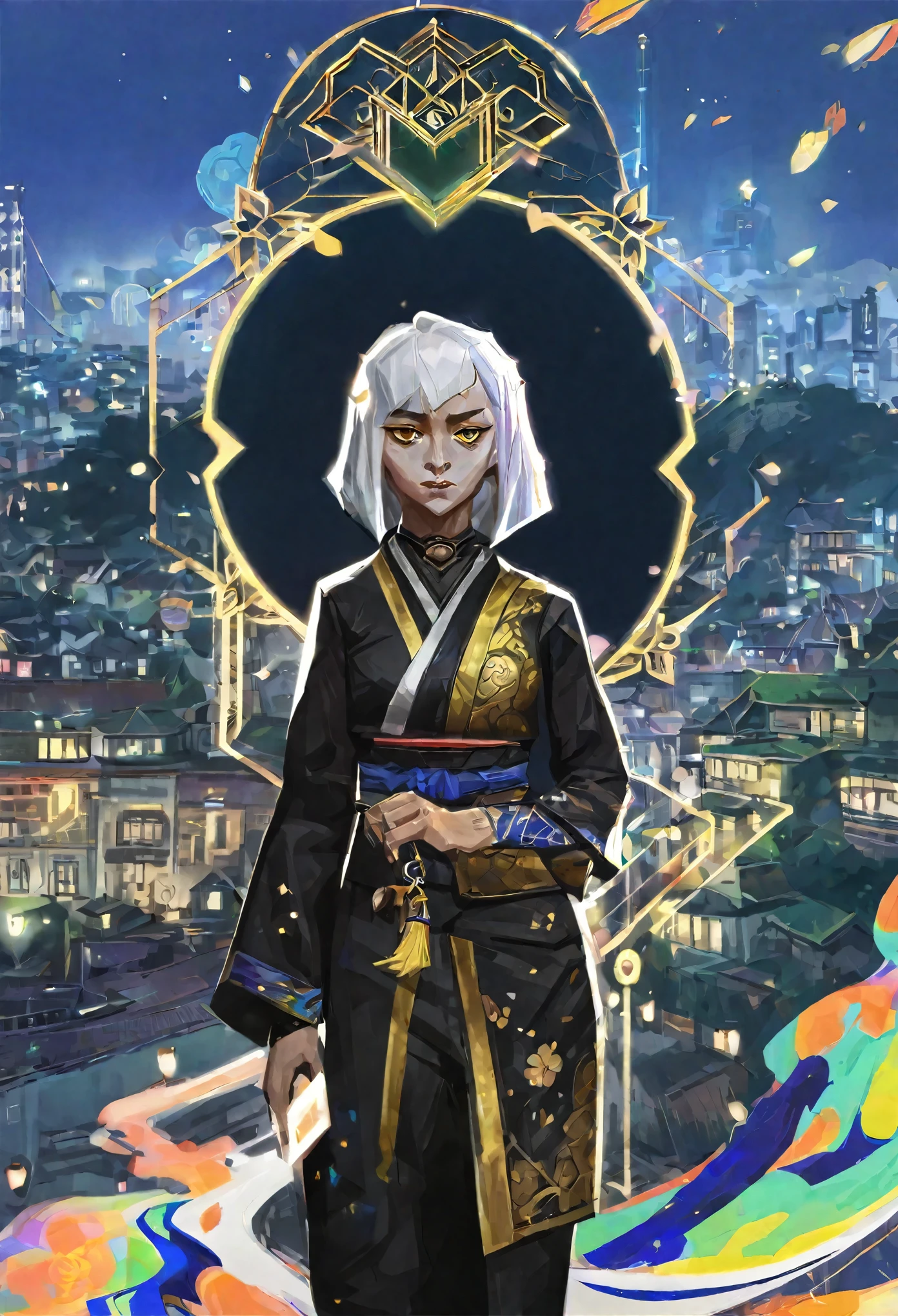 score_9, score_8_up, score_7_up, score_6_up, best aesthetic, Arcane, 1girl, black Kimono, floral golden patterns, blunt bangs, bob cut, white hair, yellow eyes, elegant, sophisticated, , concept art, city in background, great use of color theory, blue and green colors, particles flying, dark, nighttime,
