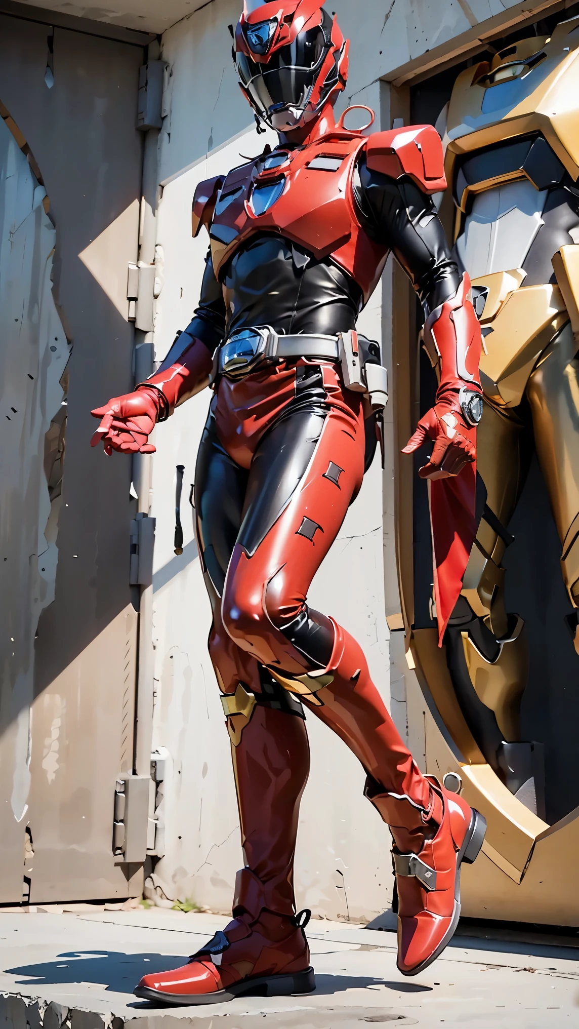 1boy, full body, Illustration, cinematic light, high resolution, best quality, ultra-detailed, masterpiece, power suit, powerranger, suit, spd, (Silver and Gold chest plate), red and gold detail, (((dark suit))), black stripe on the left side,