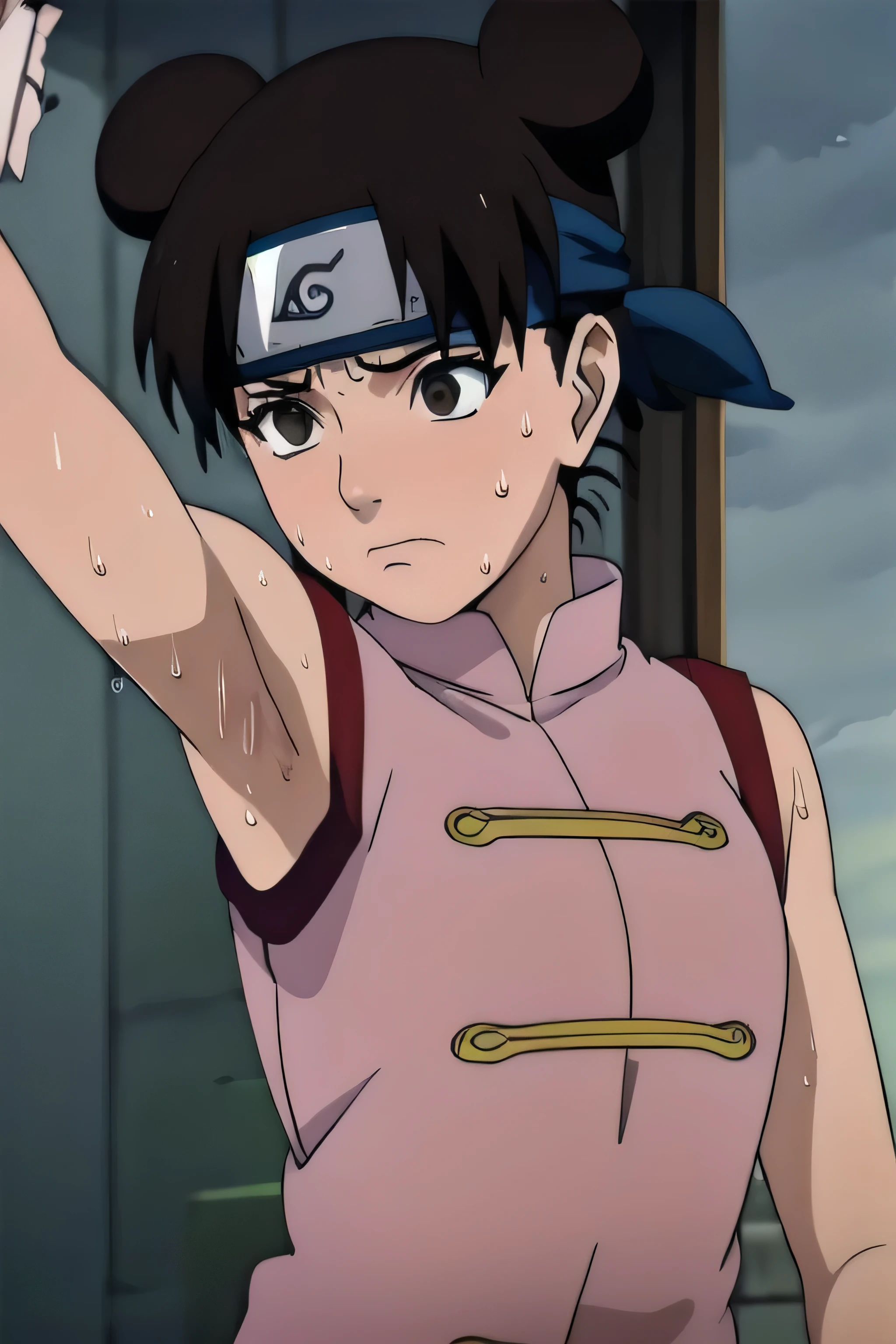 Tenten,solo,armpits,wet armpits, showing wet armpits, armpit,armpits,sweat,sweaty,sweaty armpits,awesome armpits,tired,exhausted,arms up,arm warmers,sleeveless, moderately sized breasts