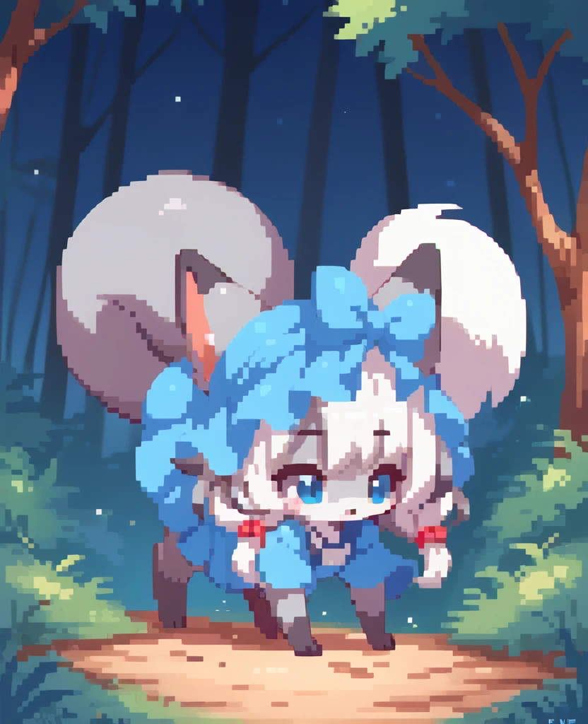  fox, feral, gray fur, silver fur, blue eyes, white hair, girl, blue dress, cute fox, cub, running in all fours on the forest, night, chibi
