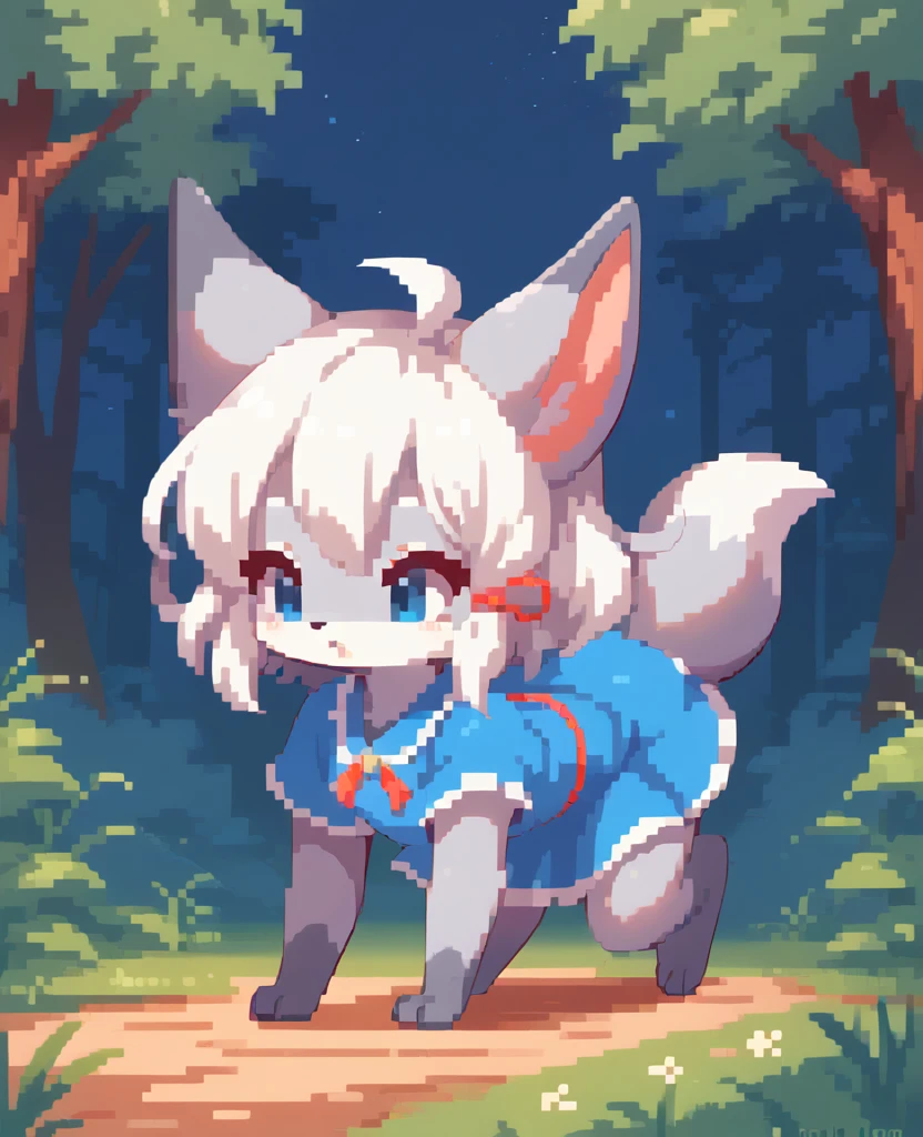 little fox, feral, gray fur, silver fur, blue eyes, white hair, girl, blue dress, cute fox, cub, running in all fours on the forest, night, chibi
