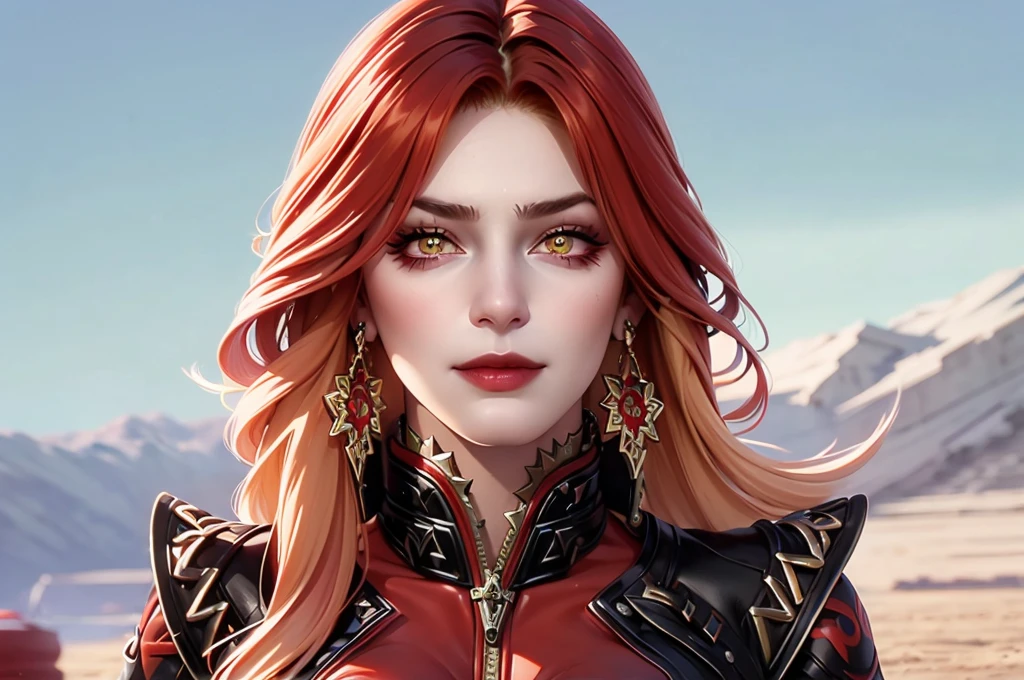 In realistic portrait of high quality and detail, Mavuika (Genshin Impact), red hair, yellow eyes, modern style, full-length, dark and mysterious atmosphere, glow, eye shadow, 1girl, thriller fantasy, Depth & Perspective, smiling face, She is wearing a black leather motorcycle jacket and leather trousers. She stands in front of the red motorcycle, desert on background.  Mystical powers, fine face, outdoors, blue sky, white cloud, looking at viewer, (ultra-high detail:1.2), Masterpiece, Best Quality, Ultra-detailed, delicate features, Highest Quality, (Solo Focus), (extremly intricate:1.3), (Realistic), dramatic, masterful, 