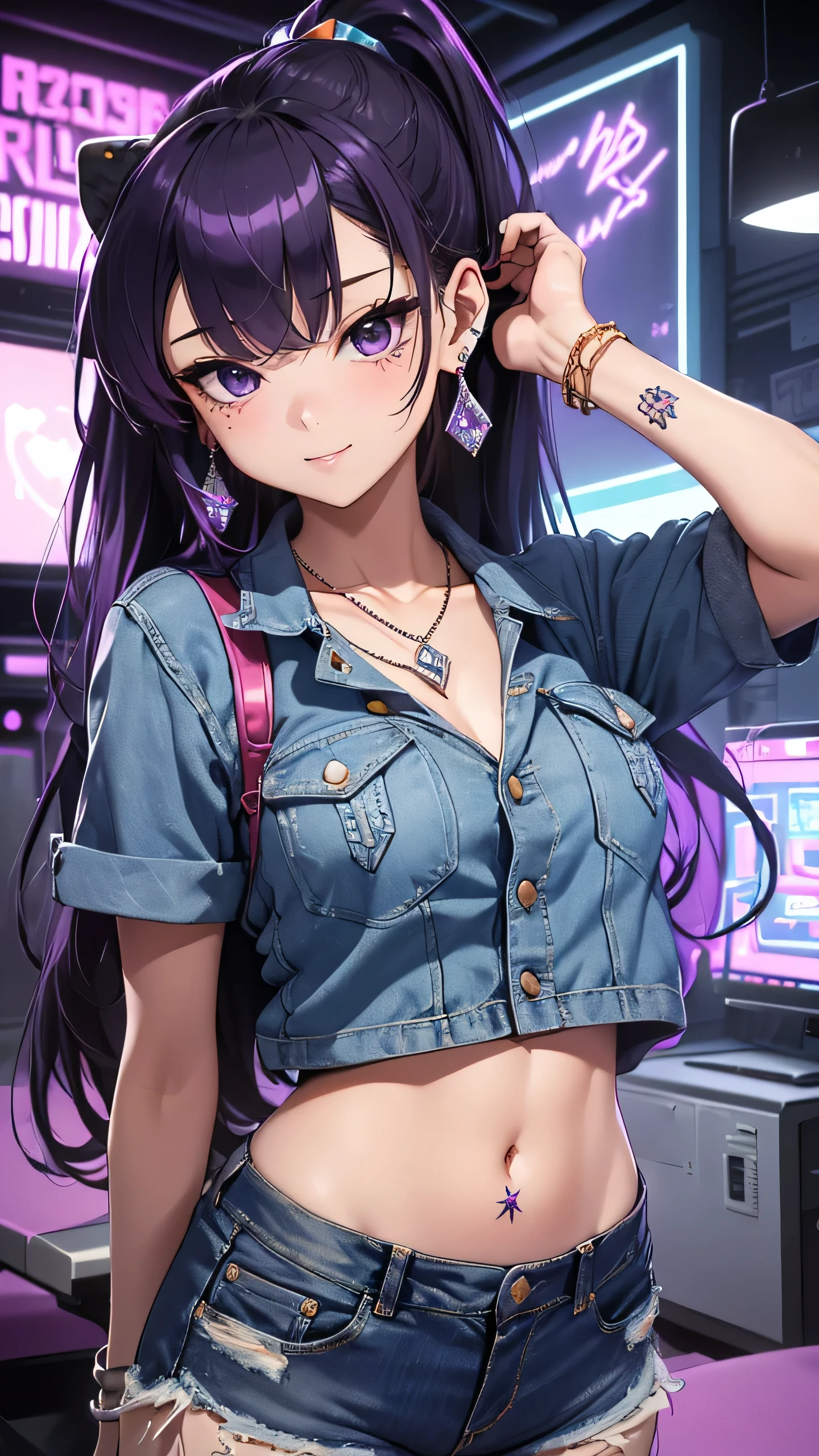 最high quality、best image quality、masterpiece、girl((20-year-old、 By becoming、vest bust、medium bust,wide open breast tea、shining eyes, neon hair、long hair、thin,highest valley、ponytail、Damaged Denim Shorts、black navel shirt、Damaged Denim Jacket、smile、full body tattoo,diamond earrings、Wristband、necklace、drink energy drink、leaning forward、elation)),high quality、beautiful art、background((Hacker Room、server room、neon lighting、computer stand、Laptop))、Flight、debris flies、Depth of written boundary、movie、visual art、perfect art、8k,genuine、