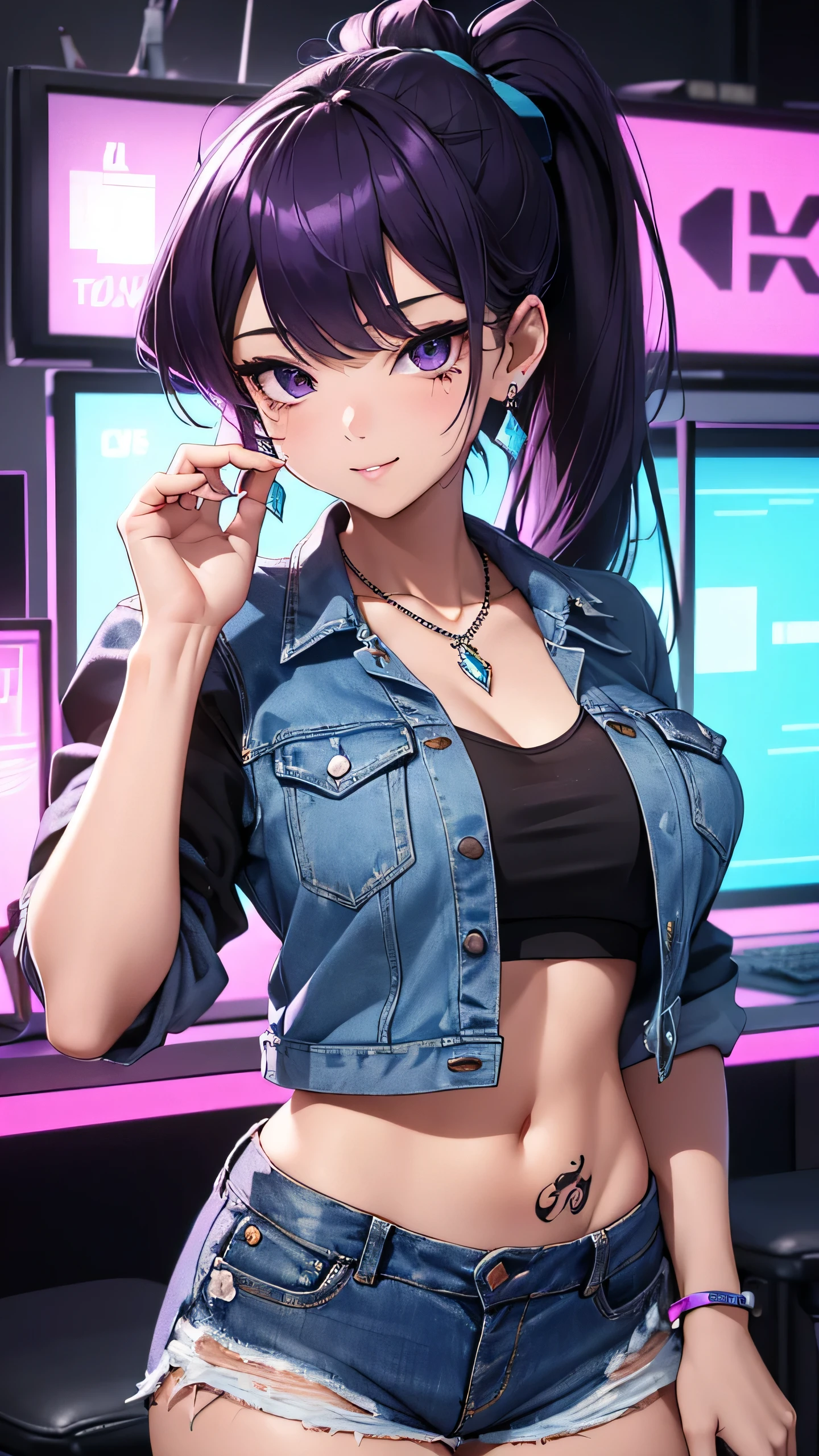 (anime artwork, anime style, studio anime, very detailed, up to date, vibrant, Anime Coloring, high contrast, masterpiece:1.2, best quality, best aesthetics),1 girl,cyber punk clothes, Medium chest, A glimpse of thighs,cyber punk hair, One eye is hidden by the bangs, perfect proportions, high detail skin, Cute, detailed faces,cyber punk cafe,sit, applying makeup, large breasts, cutout between underboob and shirt,very short pleated miniskirt,makeup, smart phone, 