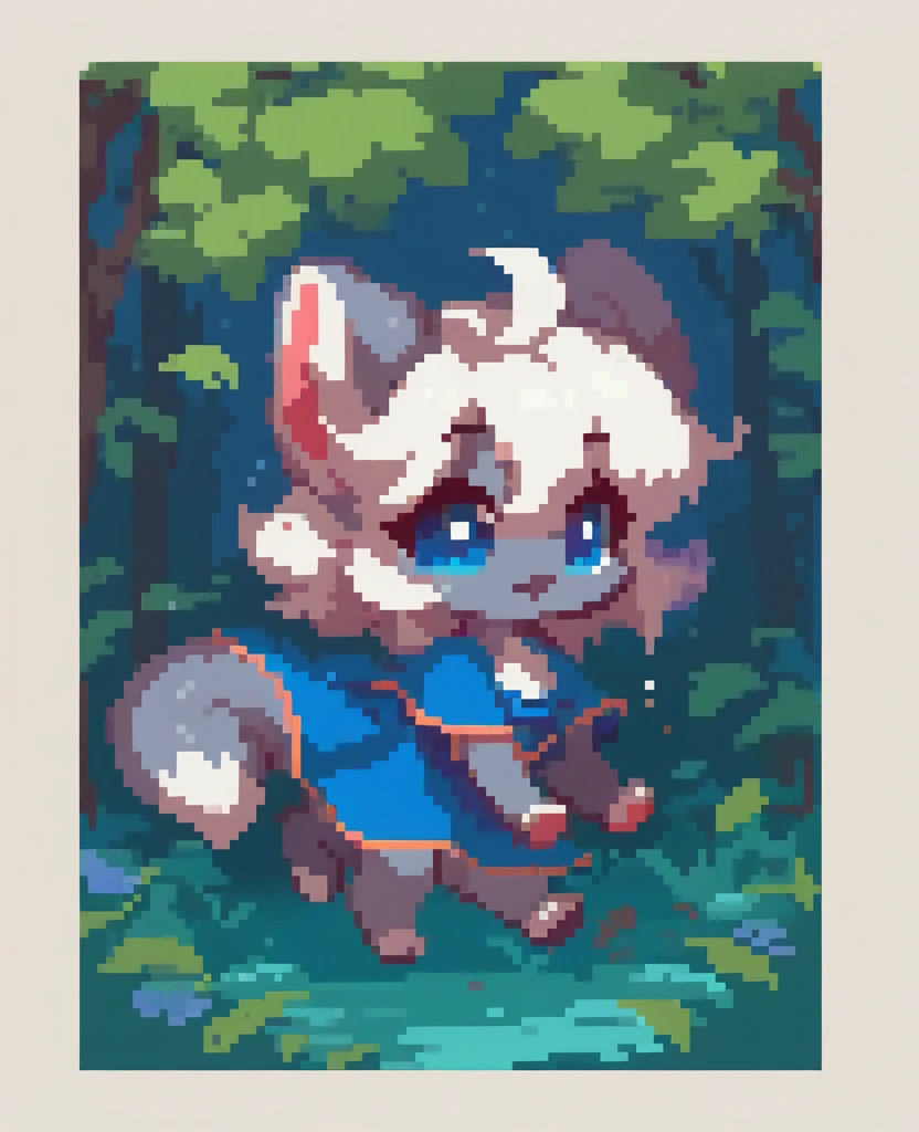 little fox, feral, gray fur, silver fur, blue eyes, white hair, girl, blue dress, cute fox, cub, running in all fours on the forest, night, chibi