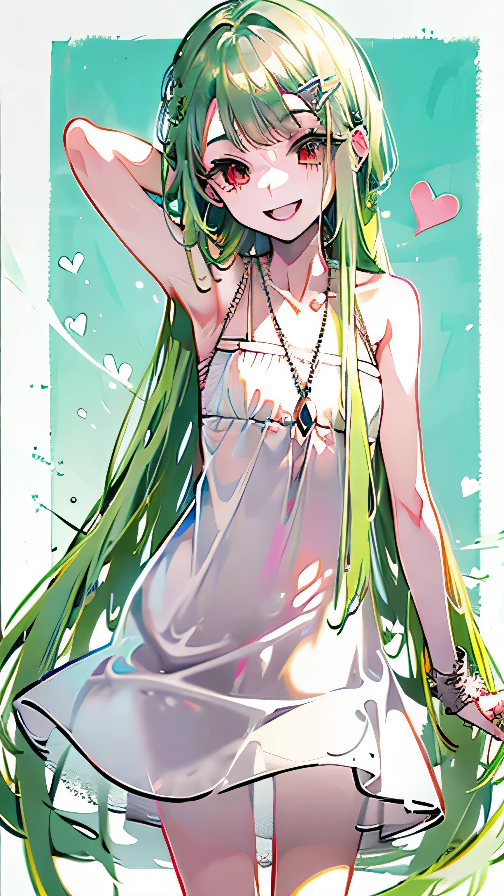 4K, masterpiece, 8k, high quality, high quality, cute student, Very white skin, absurdly long lime green hair, Thin green eyebrows, swept bangs, (small Chest), feminine, Tilt, Elegant, Elegant, cute, smile, cute, smiling, plain white mini dress, (((red eyes))), ((long sidelocks)), silver heart necklace on her upper chest, cowboy shot, grey background